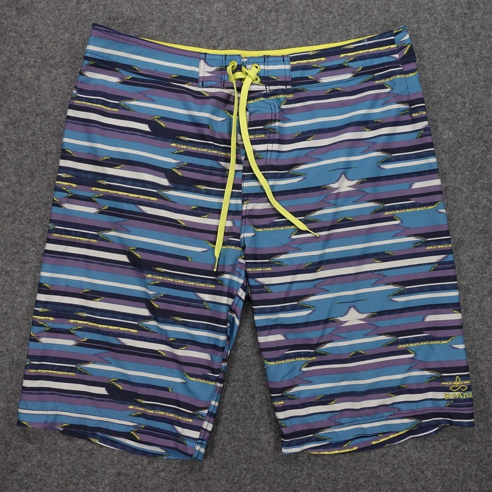 Prana Board Shorts Men's 36 Striped UPF 50+ Blue Purple Swim Trunks